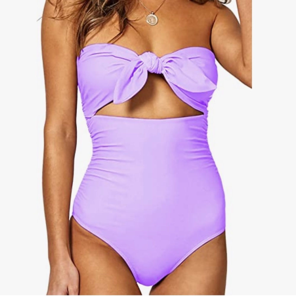QINSEN Womens Tie Knot Front High Waist One Piece Swimsuit Size Small